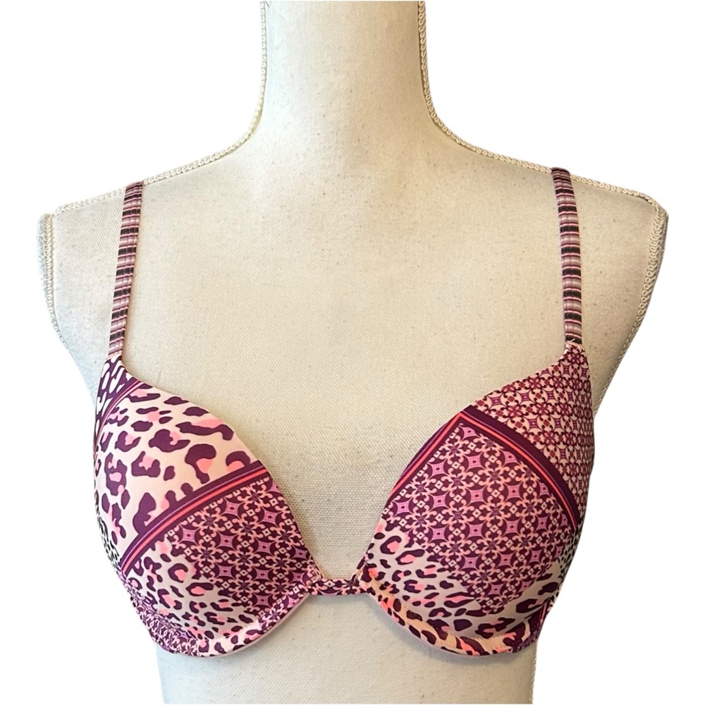 Victoria’s Secret Push Up Plunge Bra SZ 34C Pink Multicolor Mixed Pattern Print‎
